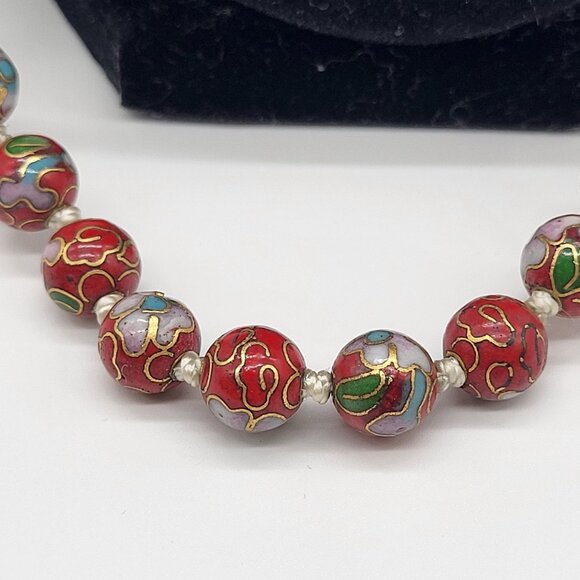 VTG Cloisonne Chinese Beaded Knotted Necklace Red Gold Floral - Picture 2 of 7